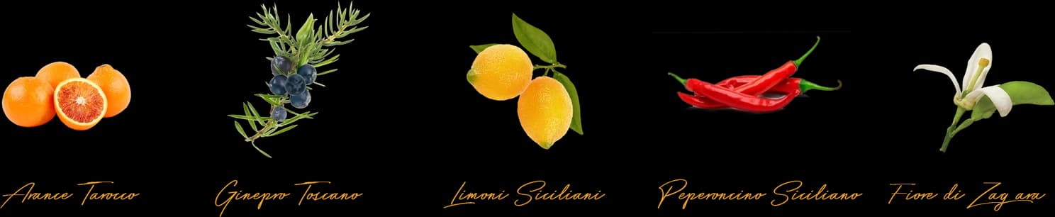 Botaniche della Sicily Edition: arance tarocco, ginepro toscano, limoni siciliani, peperoncino siciliano, fiore di zagara